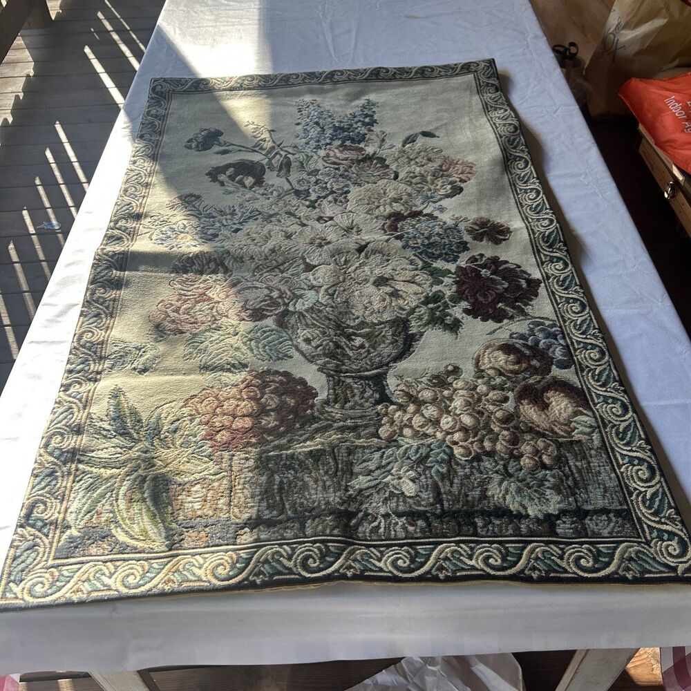 Vintage French Country Still Life Floral Urn Woven Tapestry Wall Hanging (26x41)